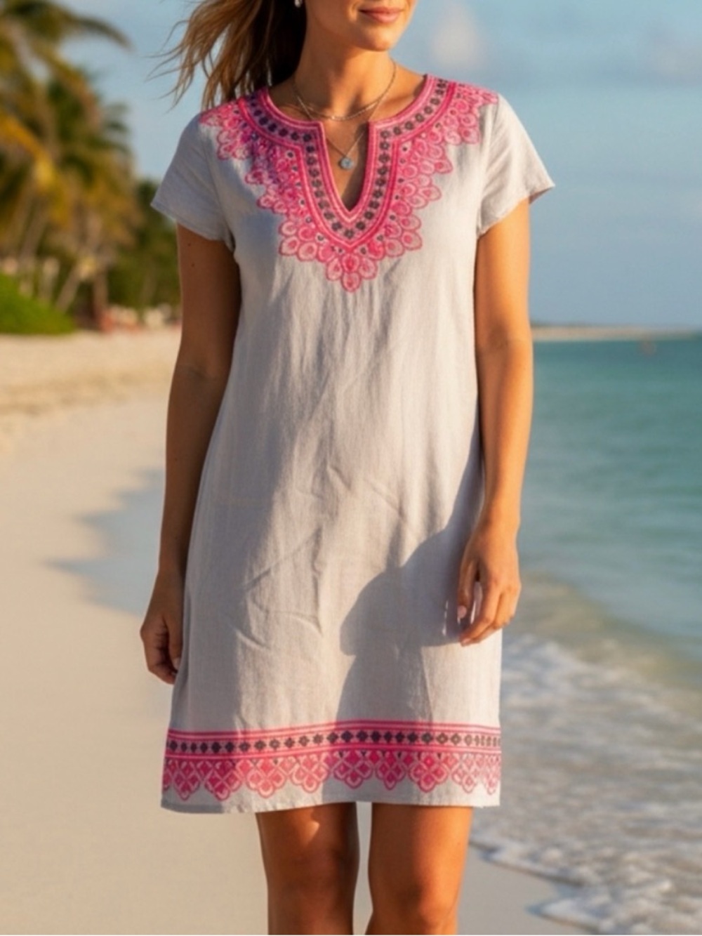 Vineyard Vines “Island” Linen Tunic Dress with Pink Embroidery